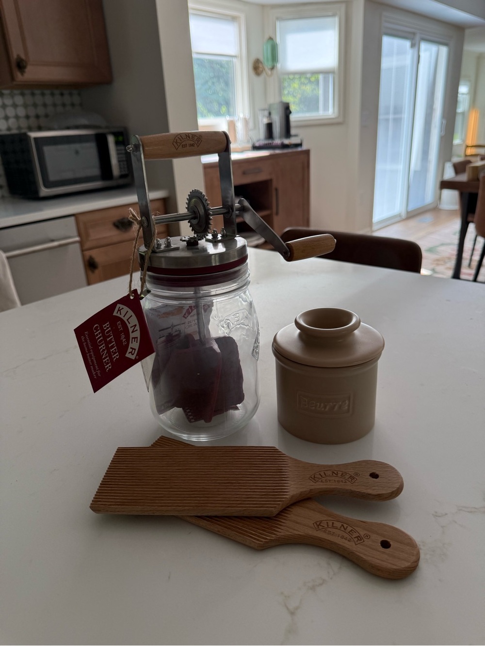 NWT Kilner butter churn with wood paddles and ceramic butter crock bundle